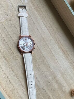 Womens Cream Leather Strap Watch with Rose Gold Case